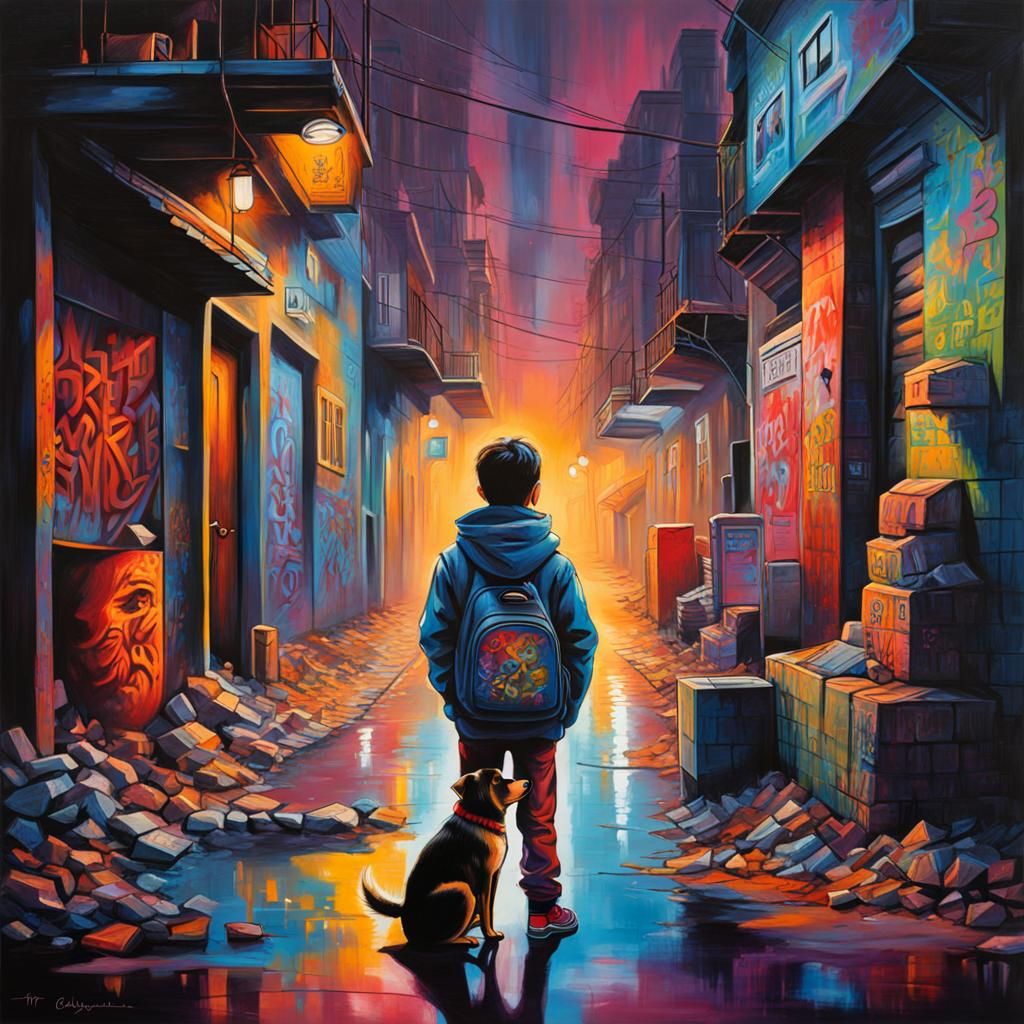 Boy and Dog Reading: Graffiti Splash Art