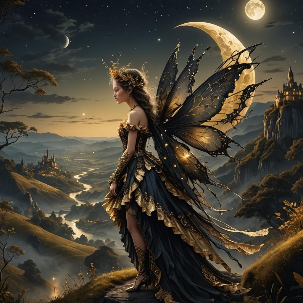Elegant Fairy in Black and Gold Gown