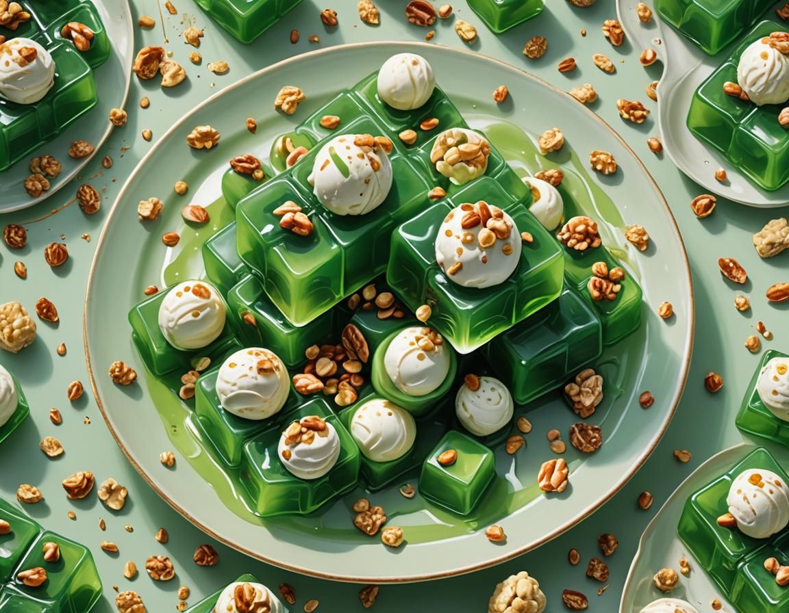 Green Jelly Cubes with Ice Cream, Roger Dean Style
