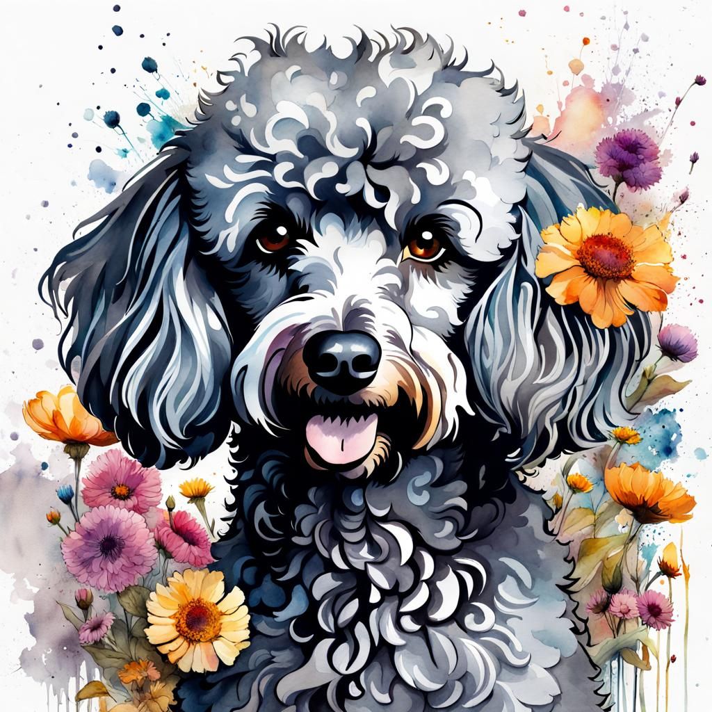 Gray Poodle in Watercolor Style with Flowers