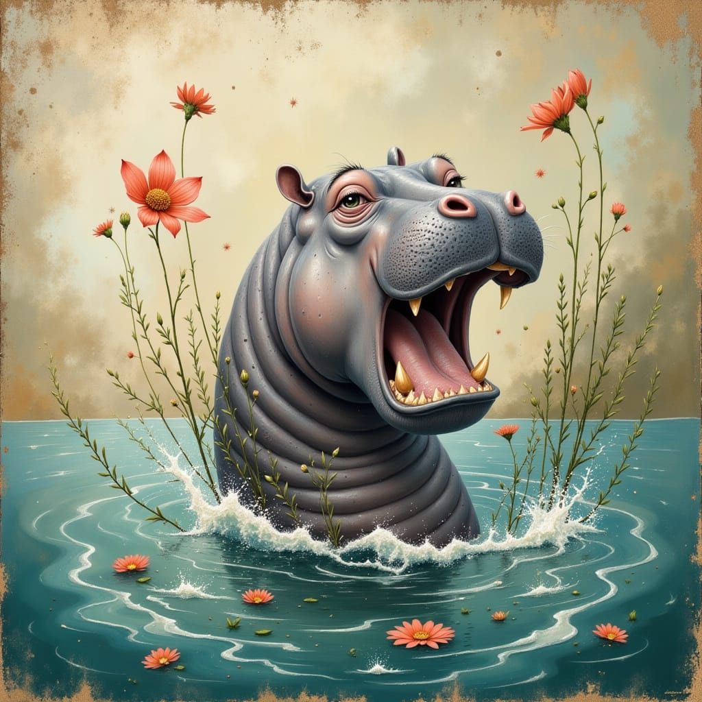 Whimsical Fantasy Scene with Cute Surreal Robot and Hippo Sy...
