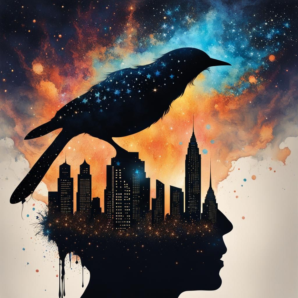 Surreal Bird Silhouette Carrying City in Watercolor Art