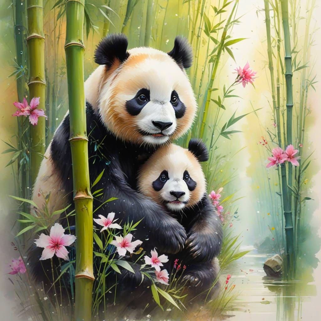 Adorable Panda in Sunlit Bamboo Forest