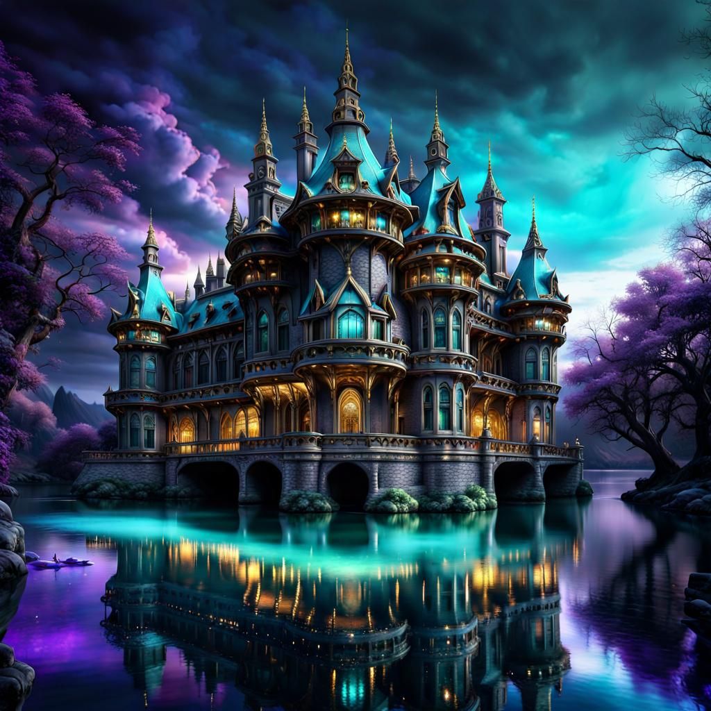 Enchanted Jewel-Encrusted Gothic Palace on Dark River