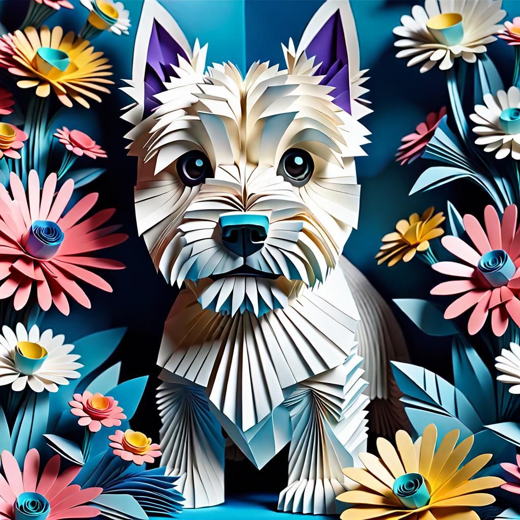 Geometric Origami Westie with Bouquet