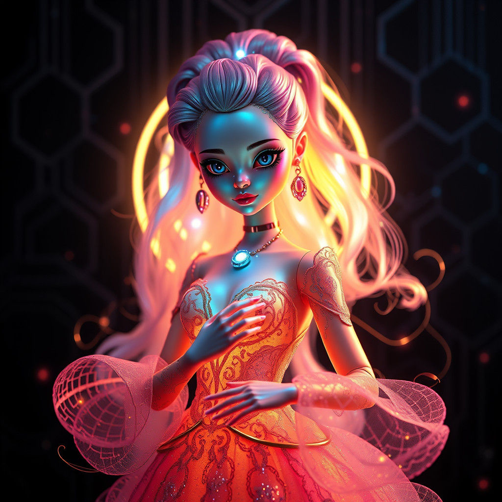 Futuristic Doll in Cyberpunk Gown with Glowing Skin