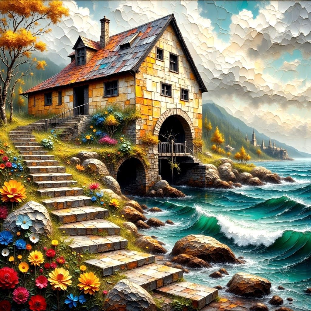 Ancient Waterwheel Mill House in Vibrant Autumn Colors