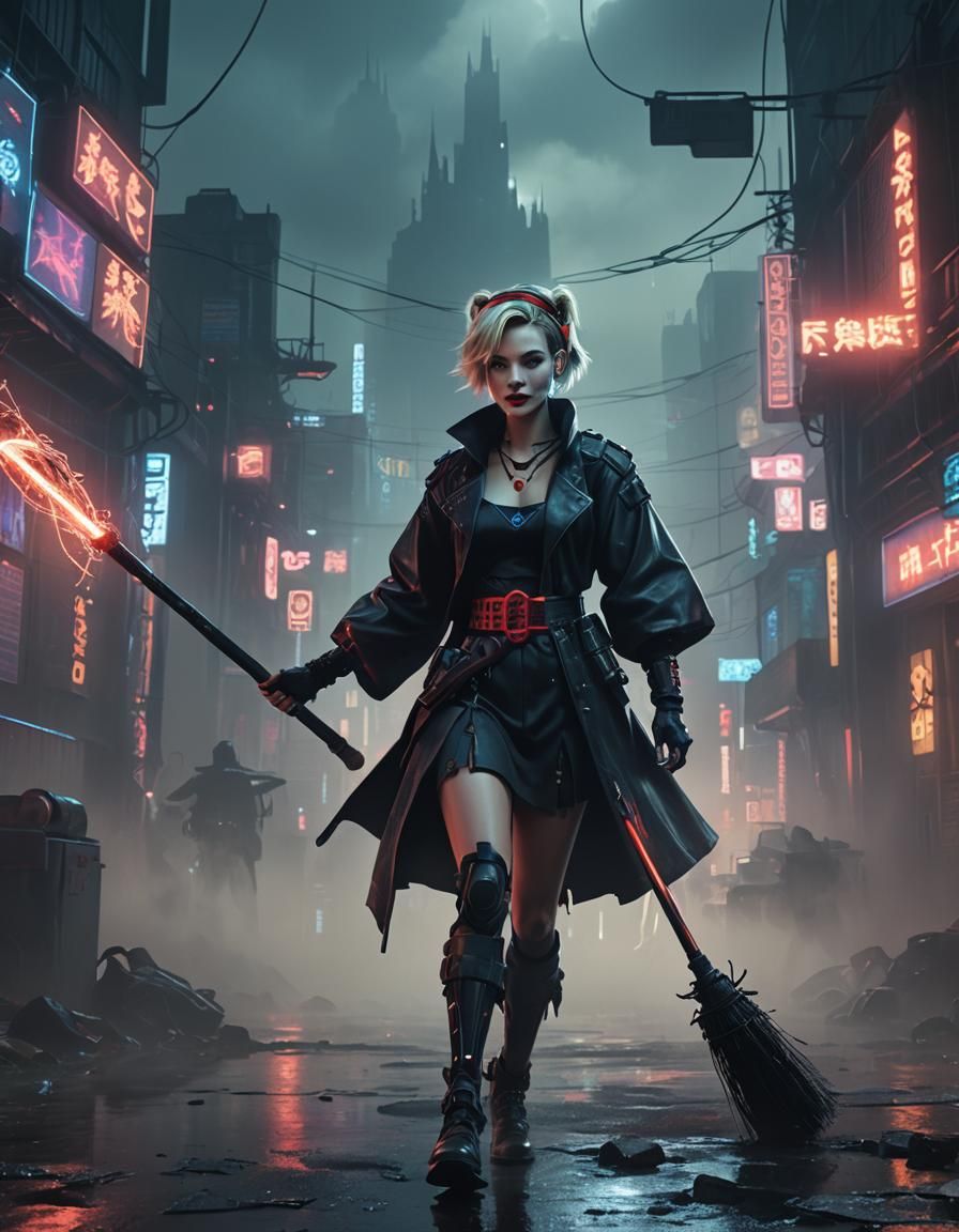 Cyberpunk Witch Roaming Neon Streets in Digital Art