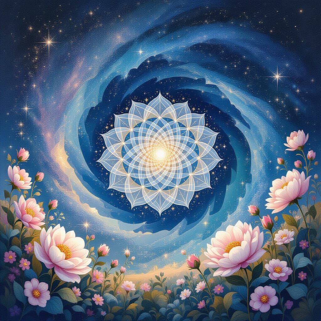 Cosmic Mandala Landscape with Light Flowers in Gouache Style