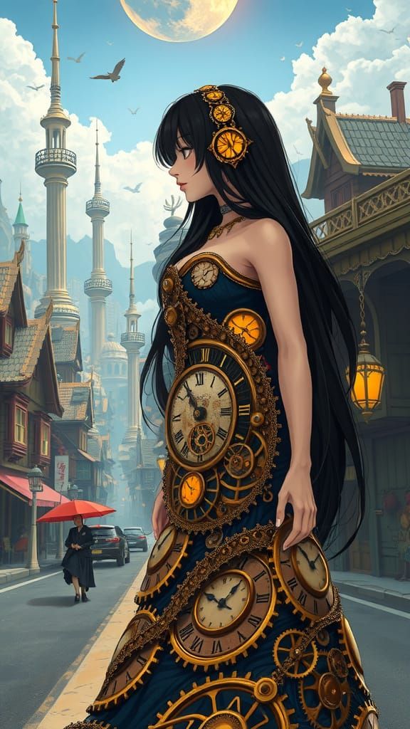 Steampunk Woman in Cityscape, Miyazaki Style