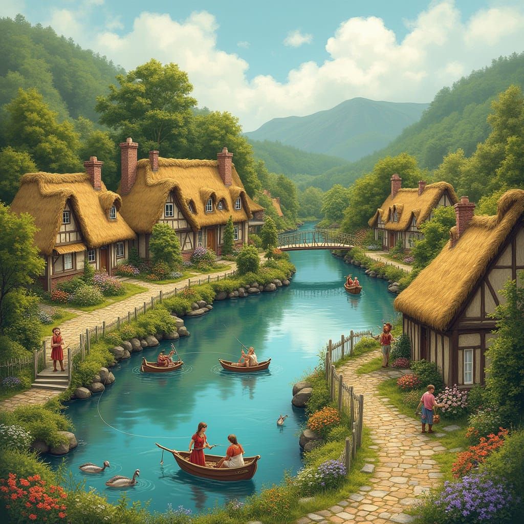Charming Celtic Village Illustration in Art Nouveau Style