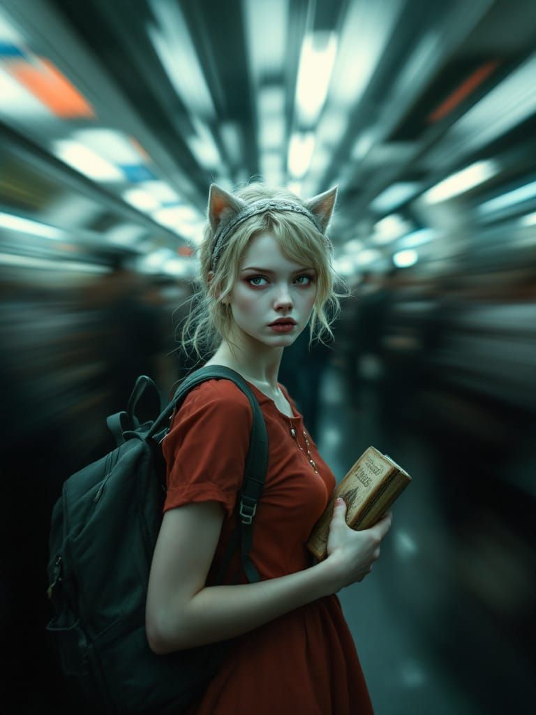 Surreal Urban Portrait of Woman Clinging to Knowledge