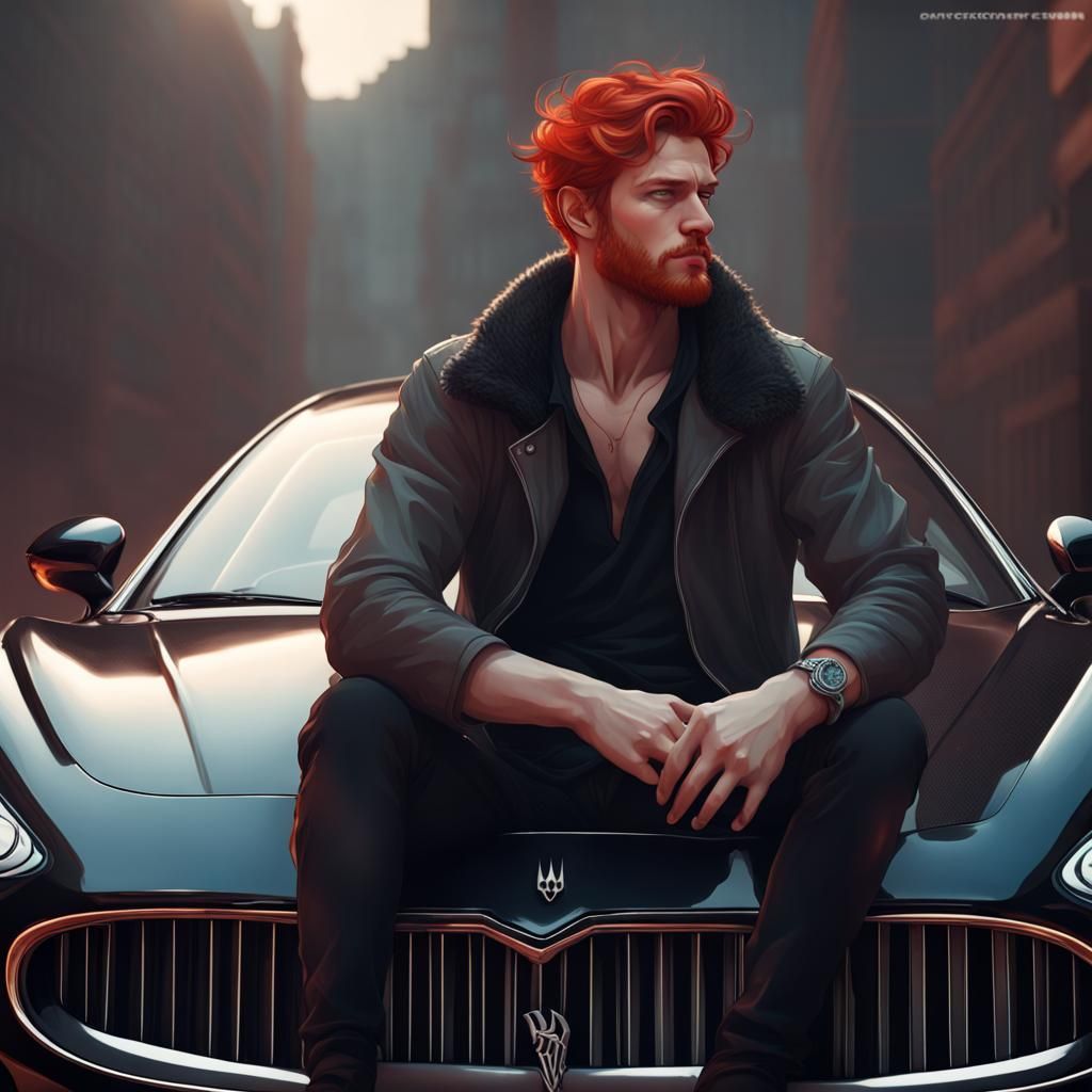 Redhead on Maserati: Detailed Portrait in Trending Style