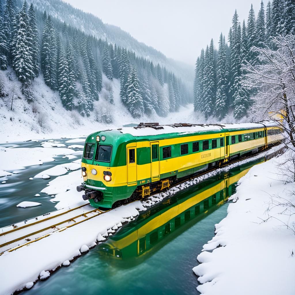 Green and Yellow Train in Snowy Landscape