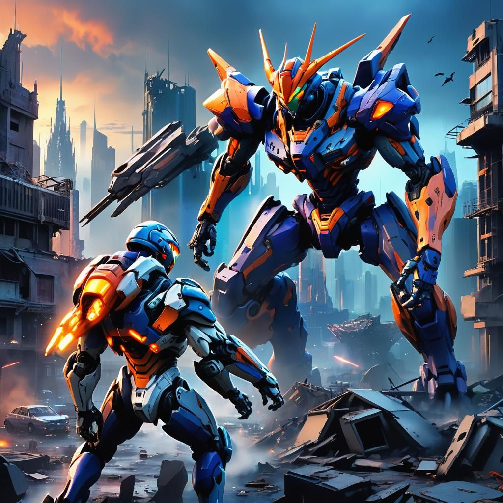 Guyver and Evangelion Clash in Ruined Cityscape