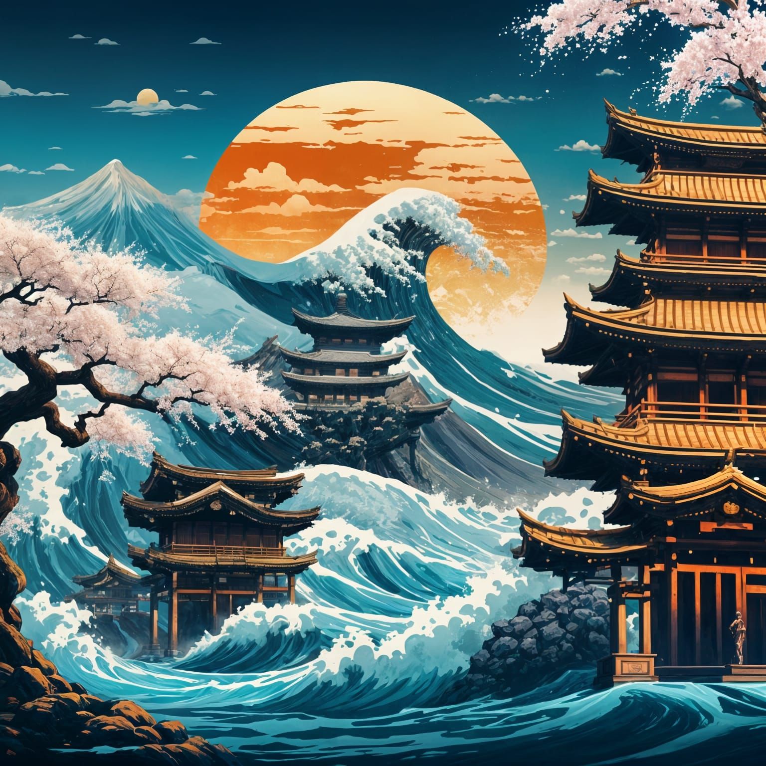 Ancient Tsunami Overwhelms Japanese Temple: Detailed Matte P...