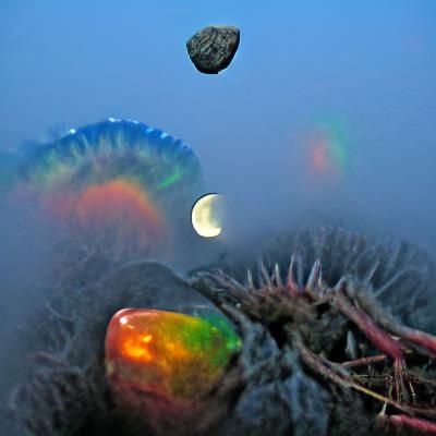 Rainbow Alien Geodes in Fog Under Moonlight