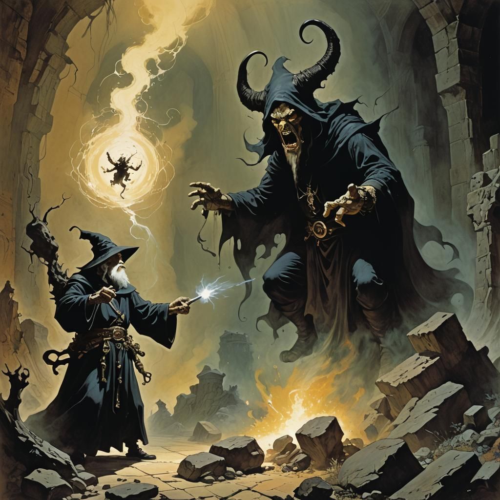 Dungeon Wizard Battles Balrog in Dark Fantasy Art