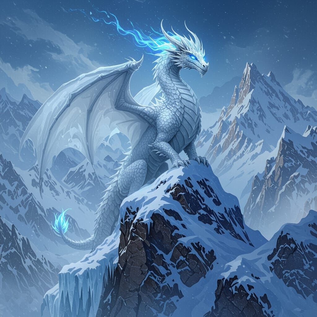 Ice Dragon Perched Atop Frozen Mountain Peak