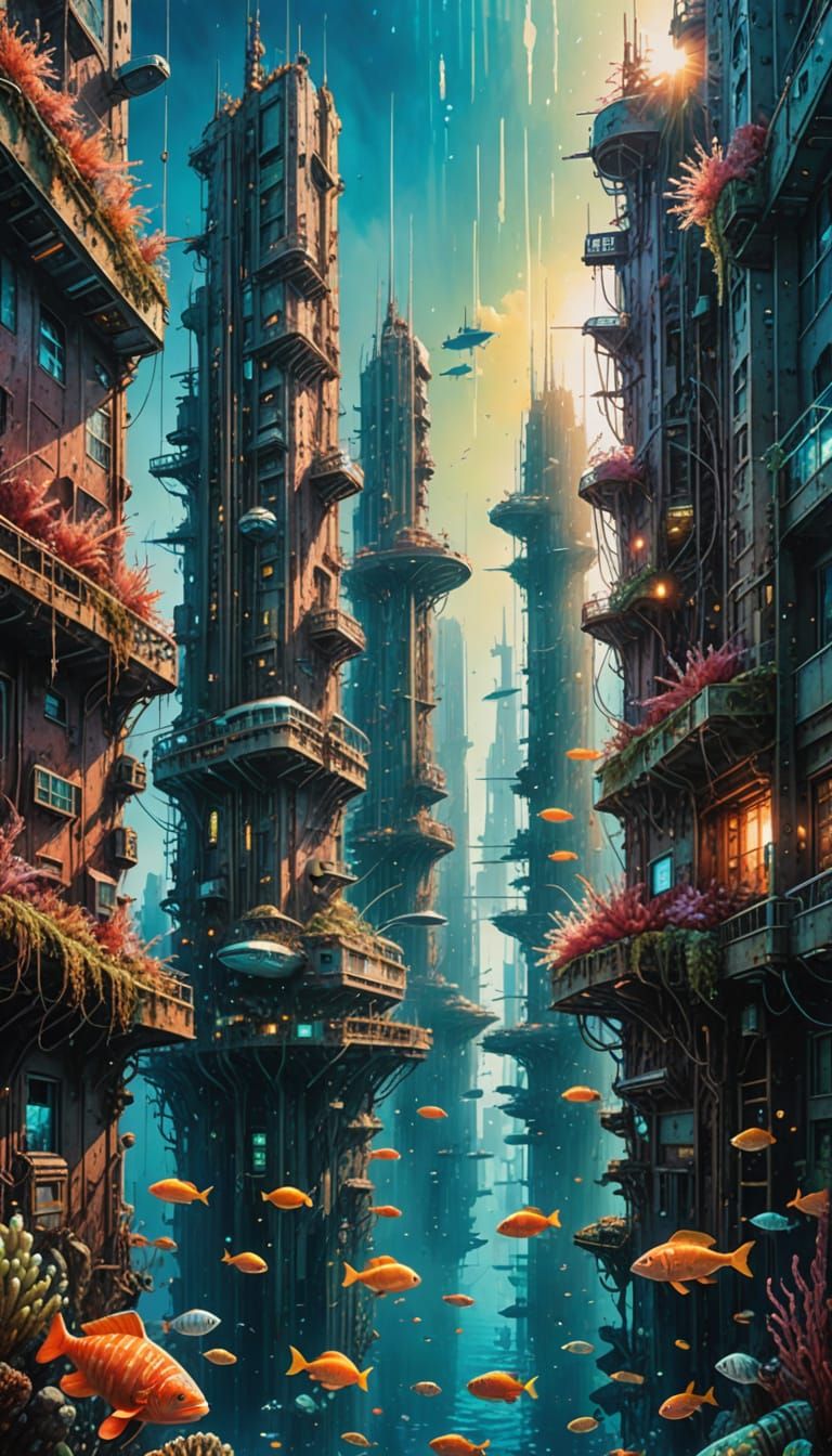 Underwater Cityscape in Vibrant Watercolor Style