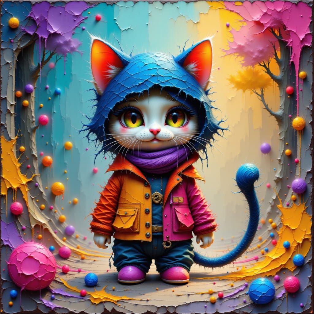 Yarn Chibi Cat in Oil Painting Style