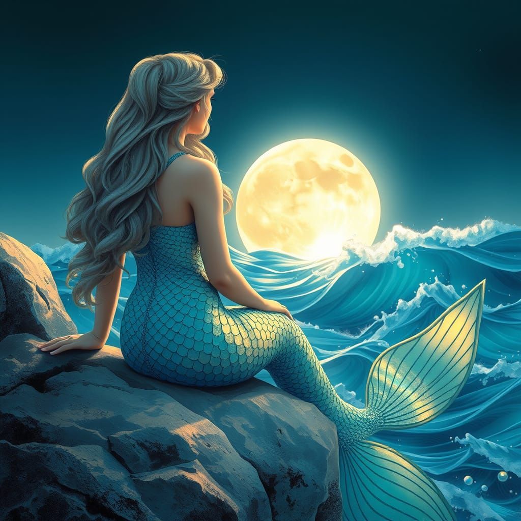 A mermaid sits on a rock, gazing out at the ocean in summer ...