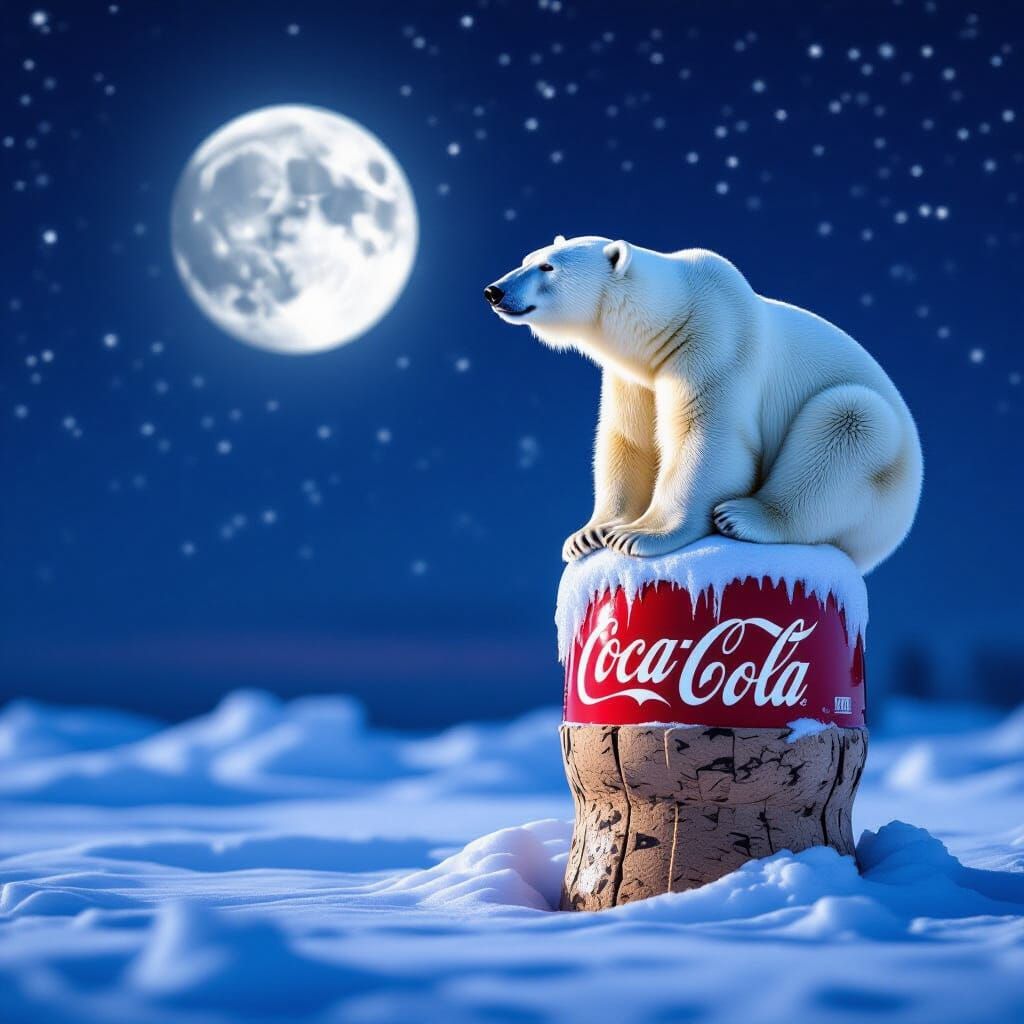 Polar Bear Gazes At Half Moon Near Coca-Cola Bottle Cork