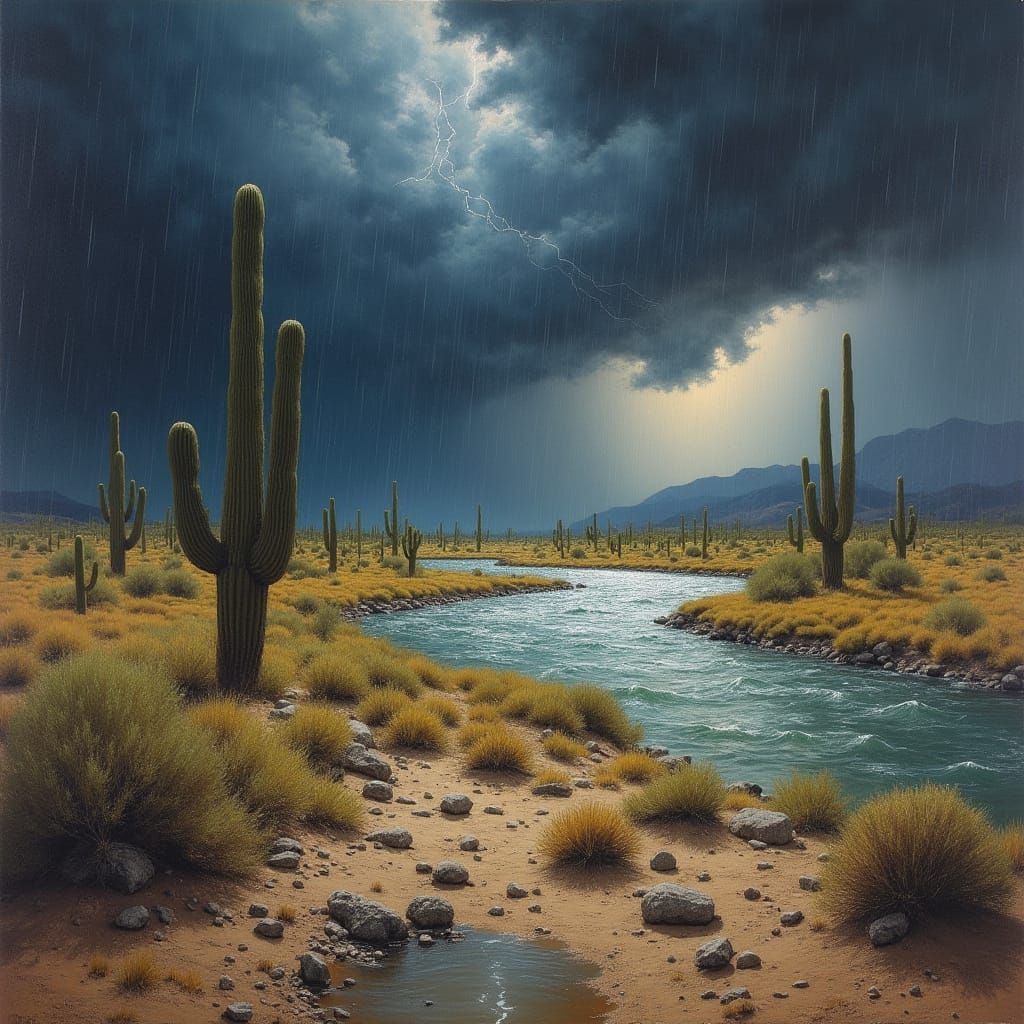 Arizona Monsoon Floodwaters and Lightning in Impressionist S...
