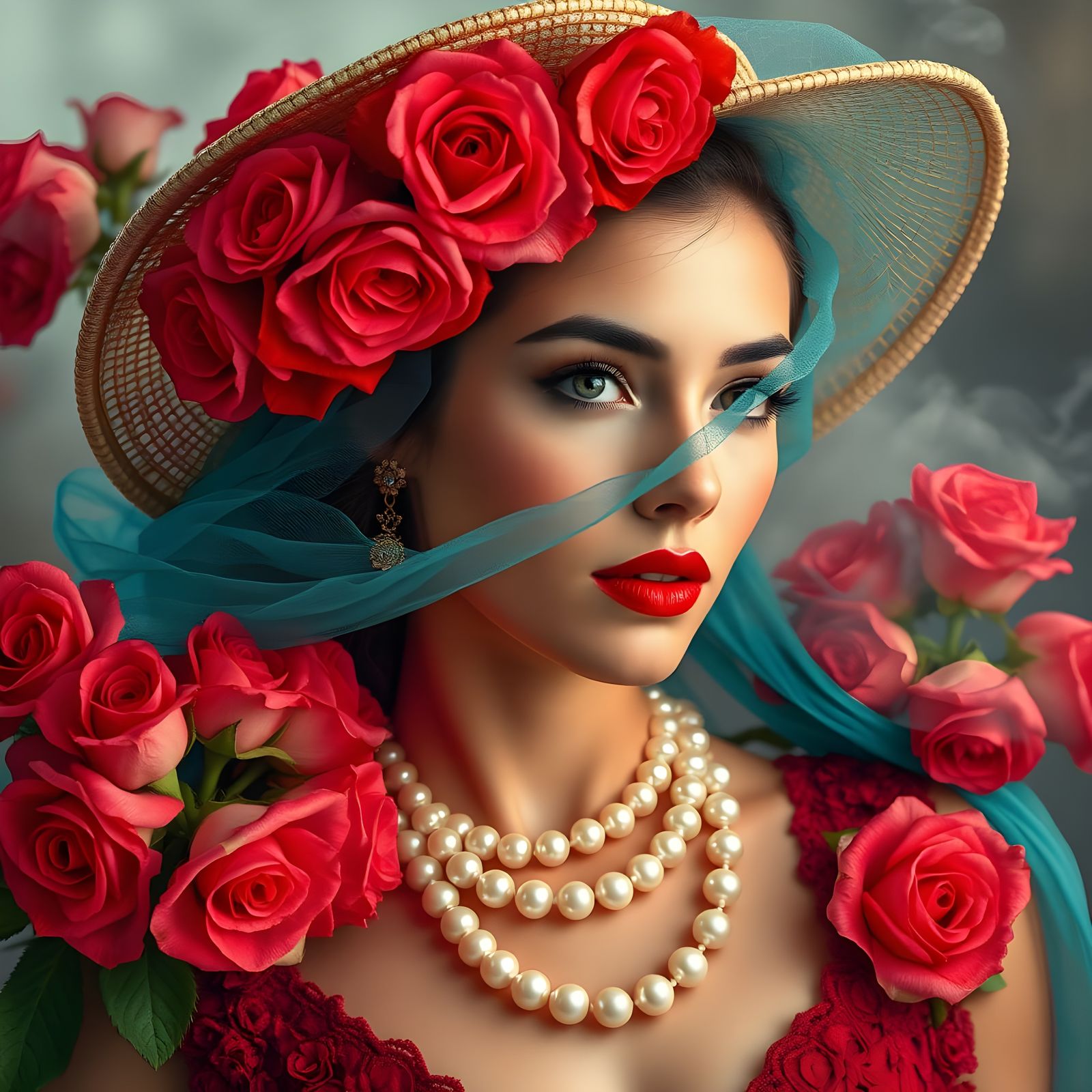 Ravishing Woman in Roses, Photorealistic Portrait