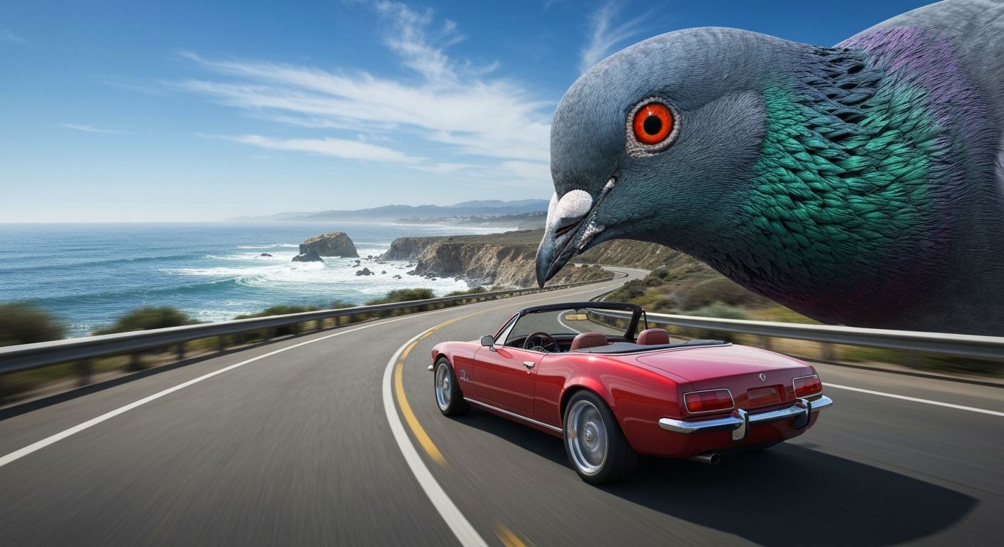 Giant Pigeon Spots Red Convertible on Coastal Highway