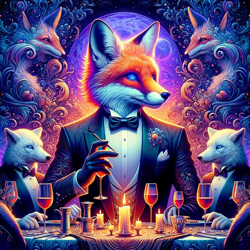 Anthropomorphic Fox in Tuxedo at Dinner Party: Fantasy Art