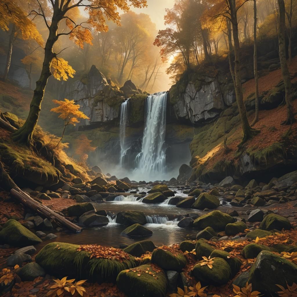 Sun-Drenched Waterfall in Autumn Forest: Digital Painting
