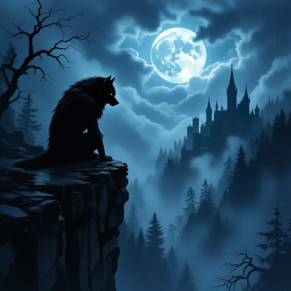 Werewolf on Cliff Overlooking Gothic Forest Under Spectral M...