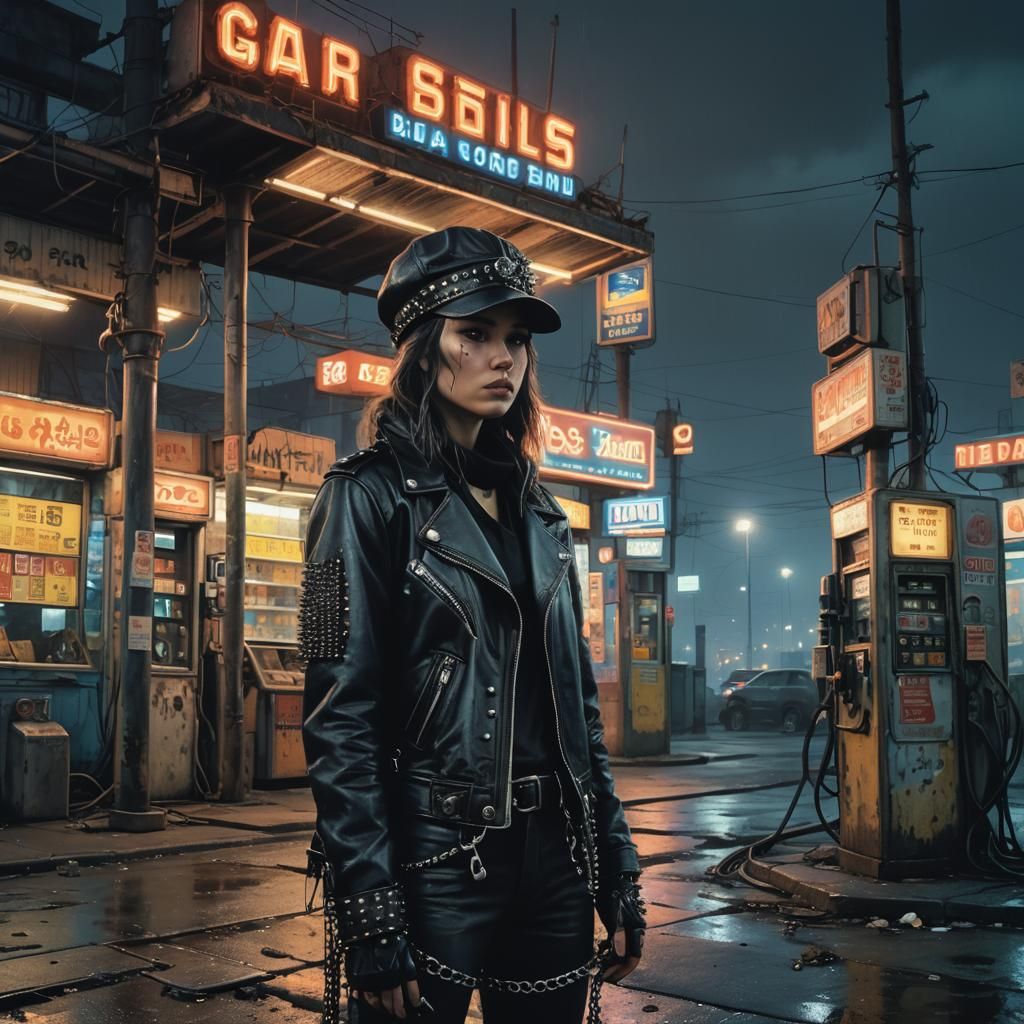 Dystopian Woman at Gas Station, Surrealist Dark Art