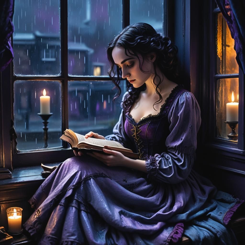 Gothic Girl Reading by Window in Rembrandt Lighting