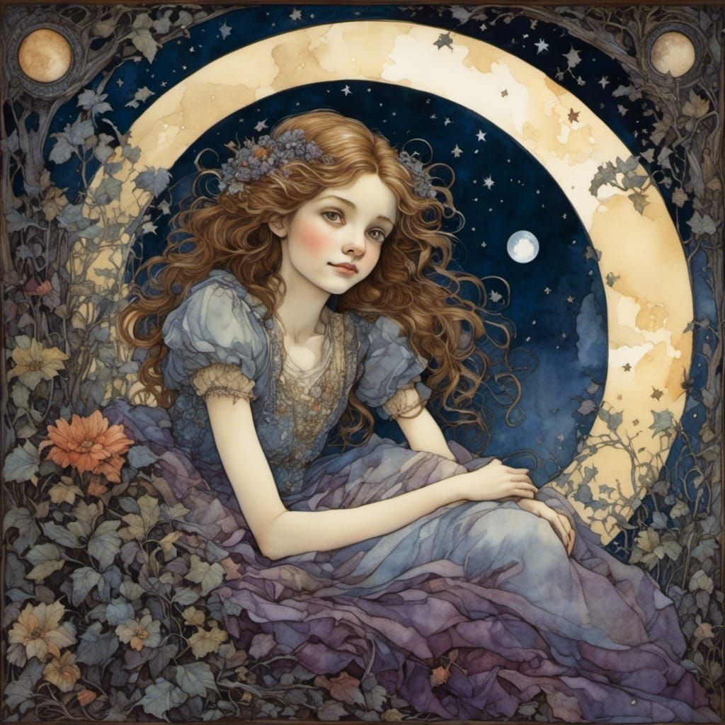 Dreamy Watercolor Portrait of Woman Gazing at Moon