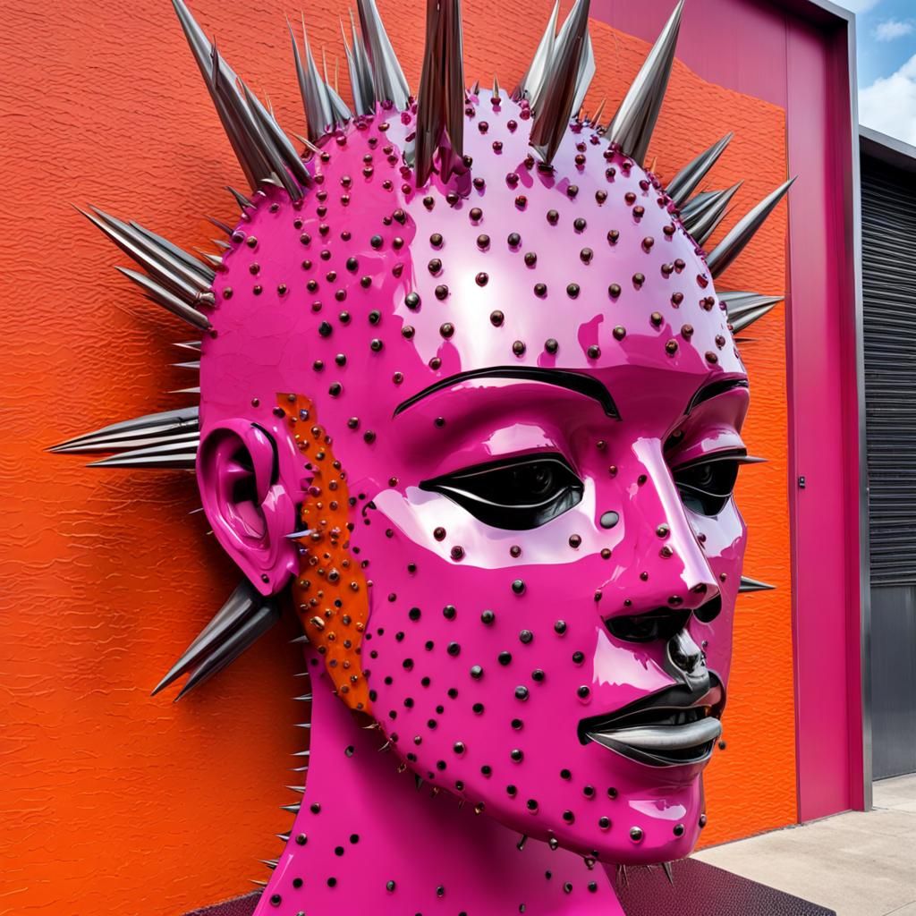 Pink and Orange Metal Face Sculpture with Spikes
