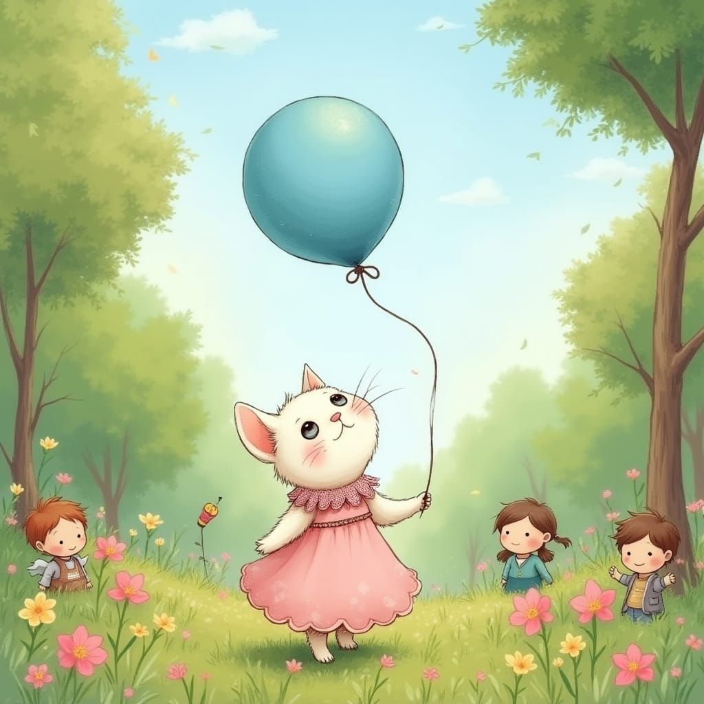White Cat and Blue Balloon, Whimsical Style
