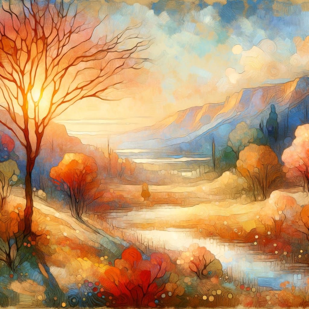 Impressionistic Sunset Landscape with Watercolor Accents