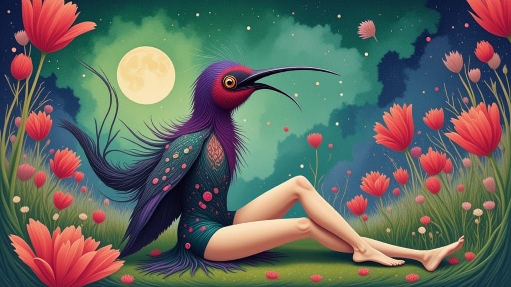 Ethereal Woman and Phantom Hummingbird in Tulip Glade