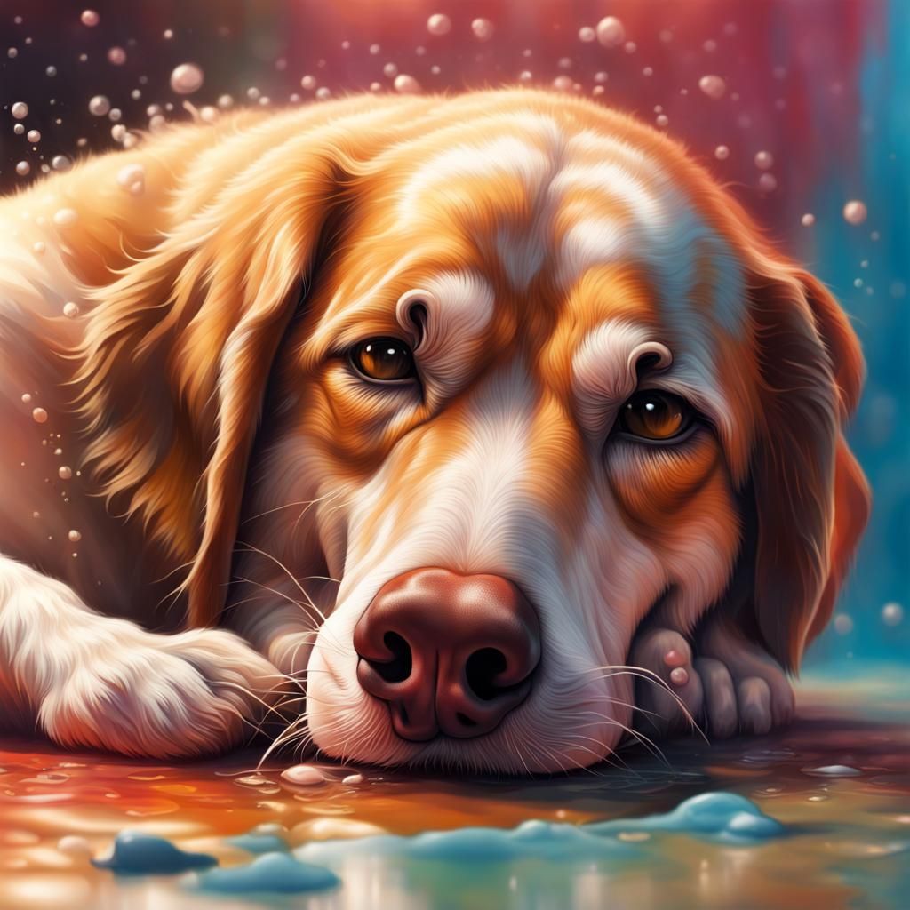 Hyperrealistic Dog Licking Feet in Splash Art Style