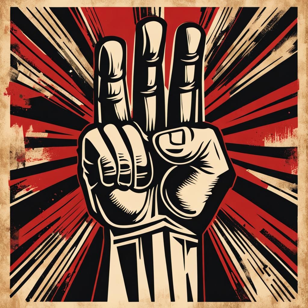 Art by Shepard Fairey, graphic illustration of a raised fist, emblematic of solidarity and empowerment, stark contrast, ...