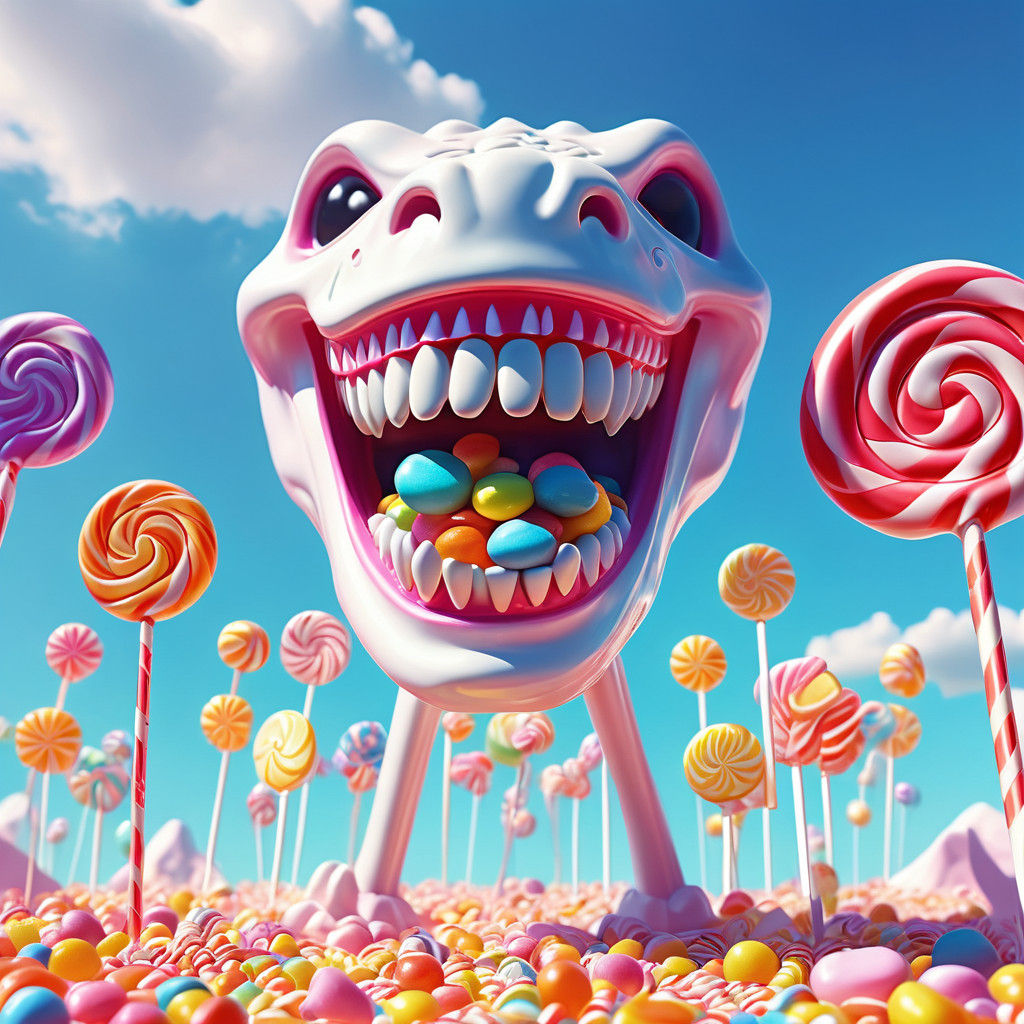 Surreal Candy Jaw Takes Flight in Whimsical Fantasy Landscap...