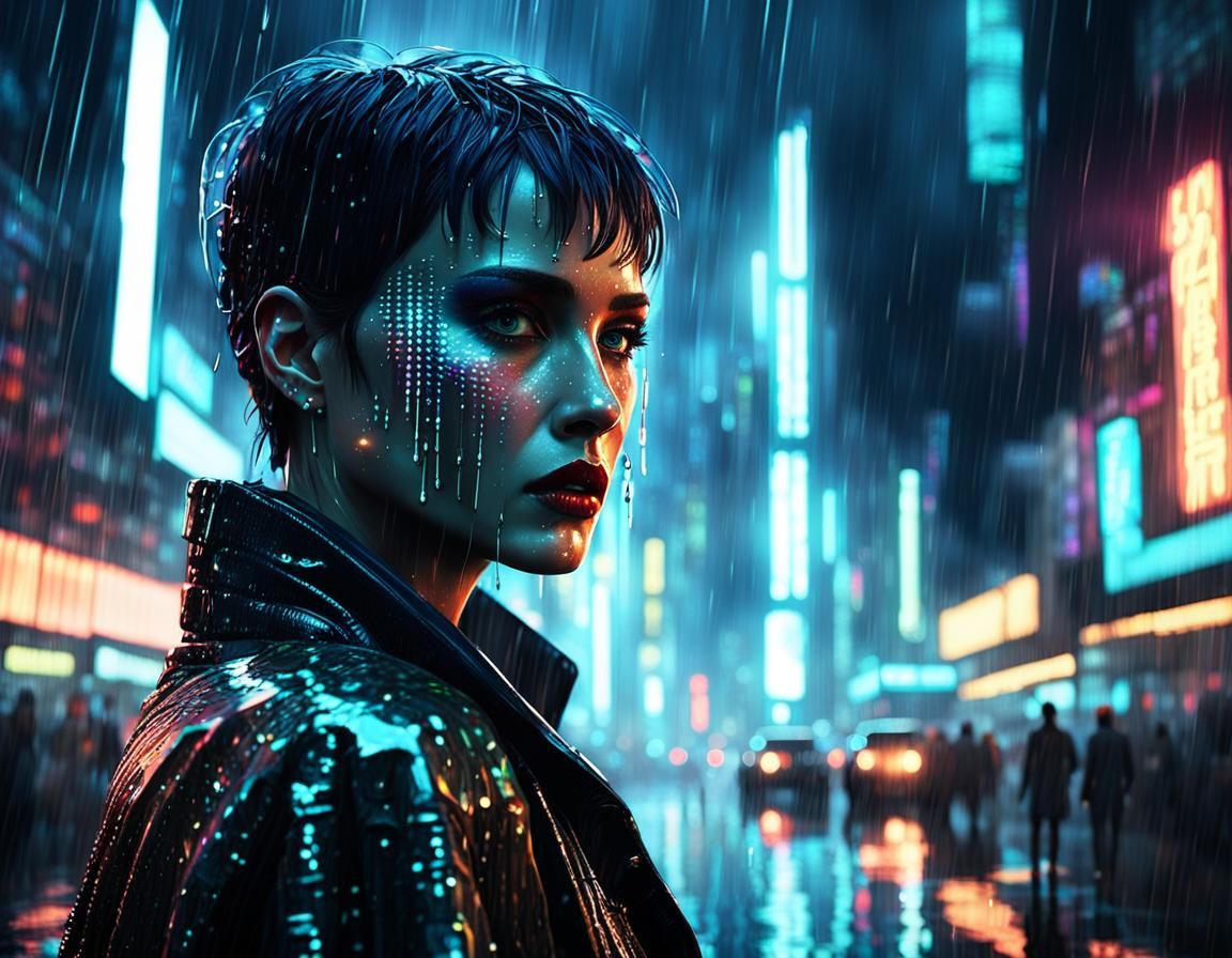 Elegant Android in Rainy Cyberpunk Cityscape