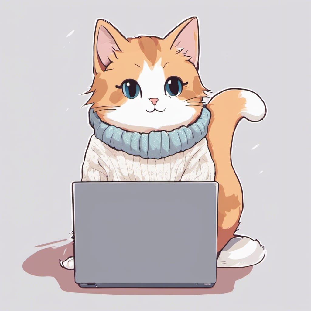 Cute Anime Cat Working on Laptop Vector