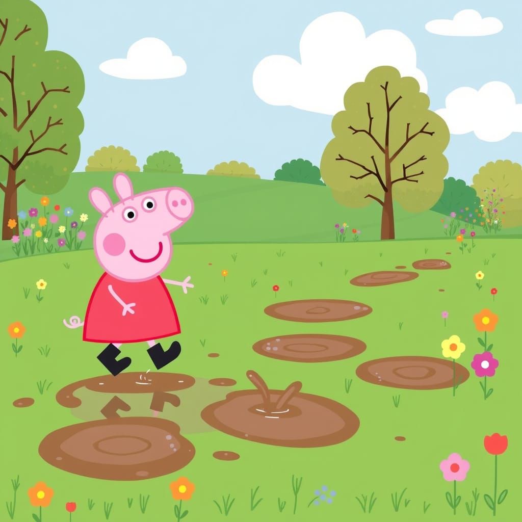Cheerful Peppa Pig Stomping in Muddy Puddles in Whimsical St...