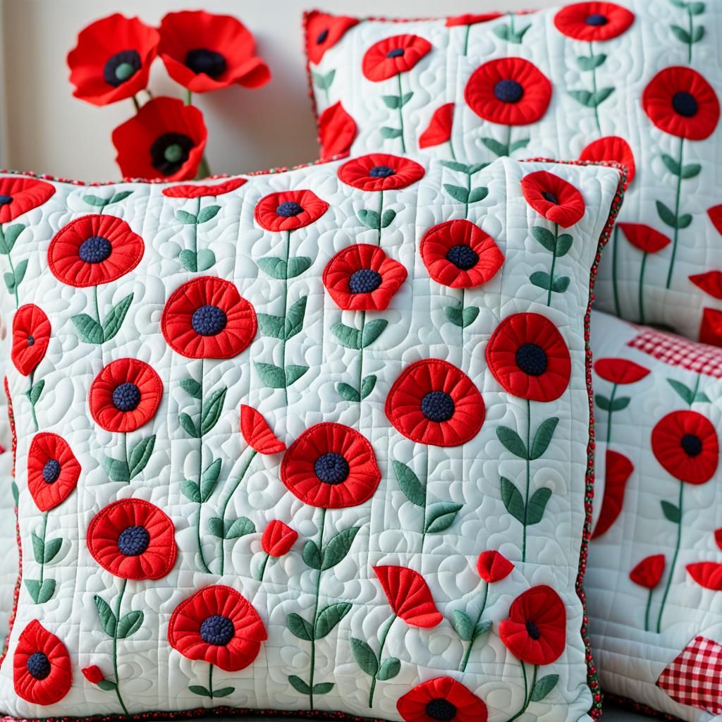 Red Poppy Quilted Patchwork Pillow in 3D