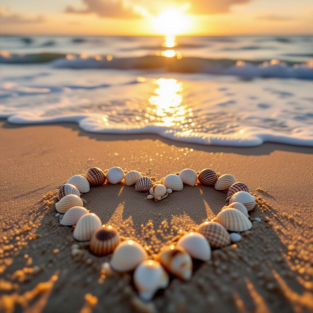 Heart of Shells on Tropical Beach at Sunset