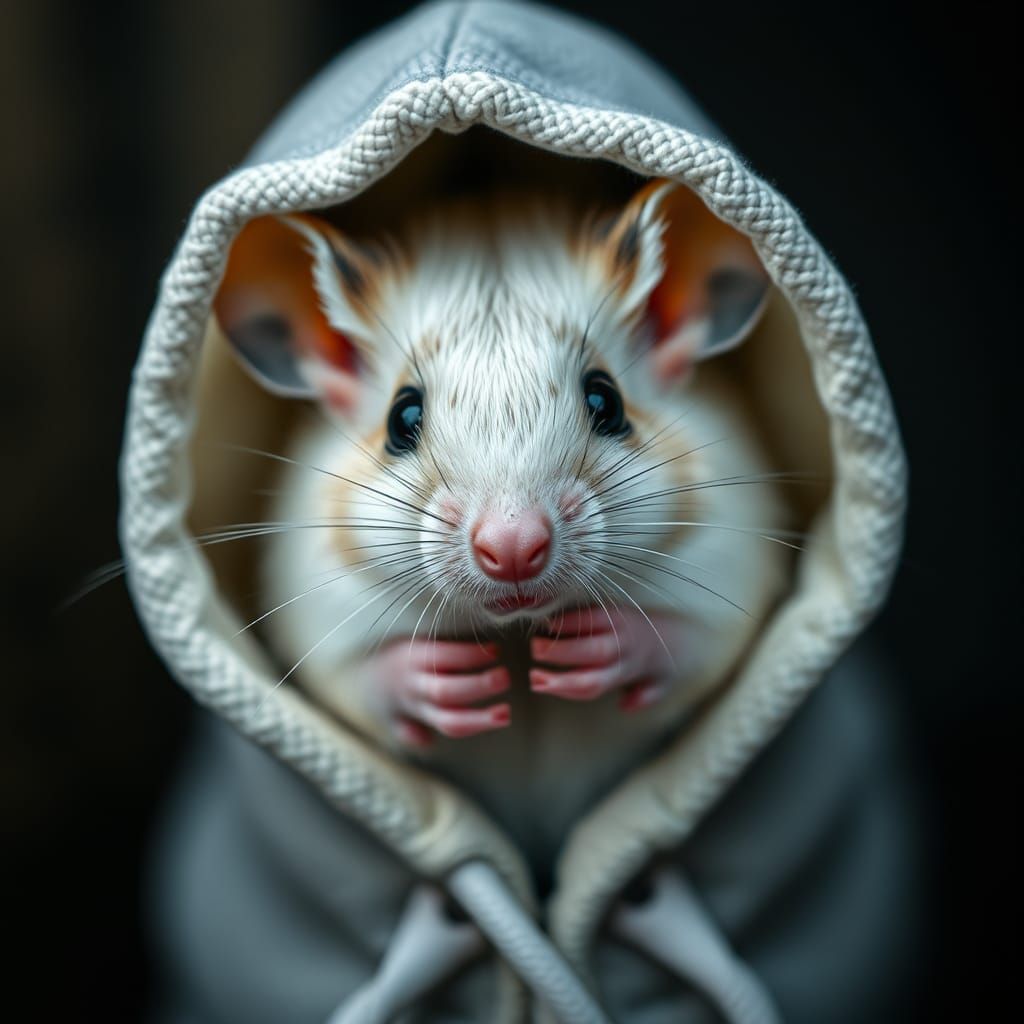 Hyperrealistic White Hooded Mouse Portrait