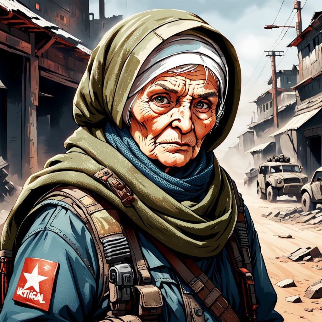 Tactical Babushka in Post-Apocalyptic Comic Style